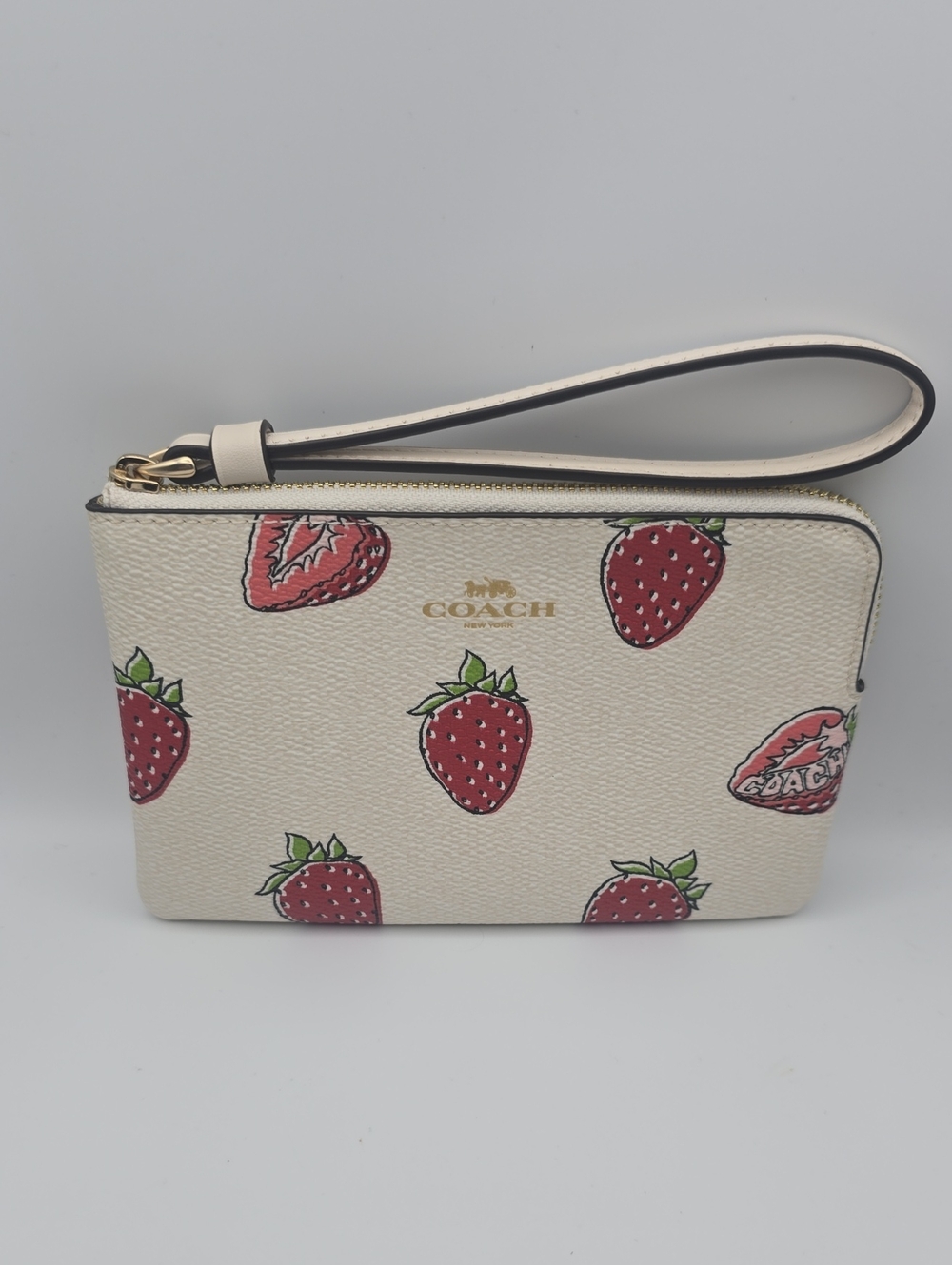 Coach Cream Strawberry Print Wristlet